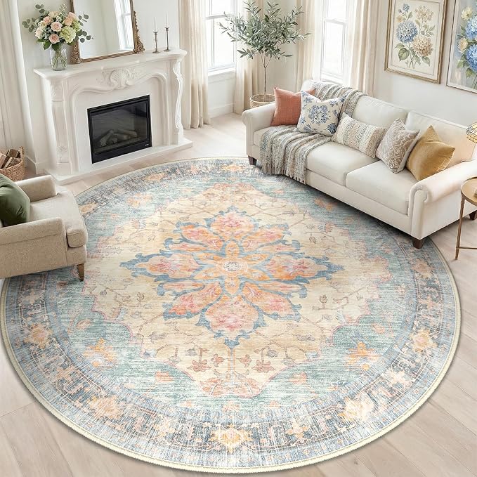 RELEANY Area Rugs Round 8ft Washable Non-Slip, Floral Vintage Distress