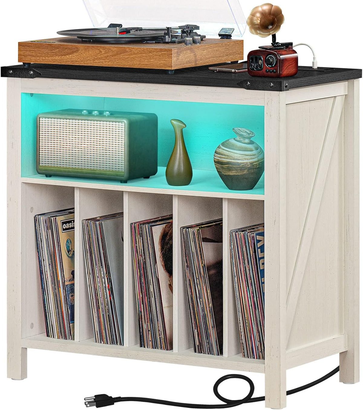 Joaxswe Large Record Player Stand with Charging Station & LED Lights, Vinyl Records Storage Holder Cabinet Holds up to 230 Albums, Turntable Stand for Music Room, Bedroom, Living Room, Office (White)