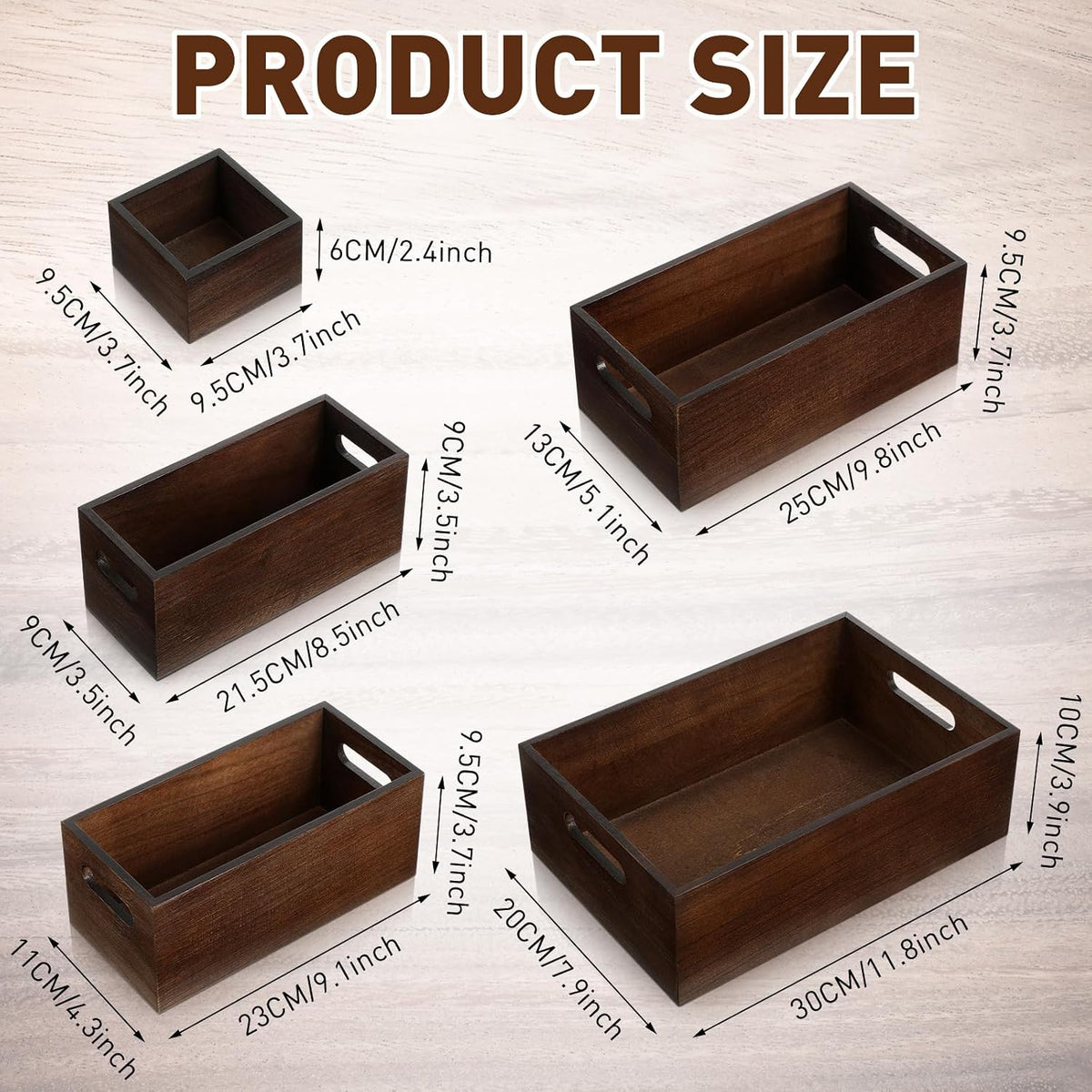Set of 6 Wooden Storage Boxes with Handles Nesting Farmhouse, Brown