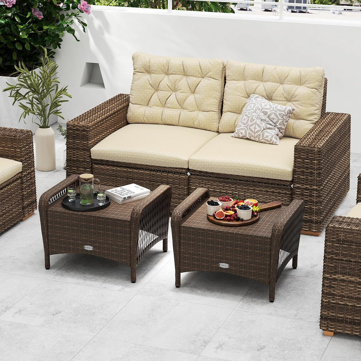 HAPPYGRILL 2-Piece Patio Wicker Ottomans with Removable Cushions, Outdoor Rattan Footrest Side Table for Porch, Garden and Backyard (Beige)