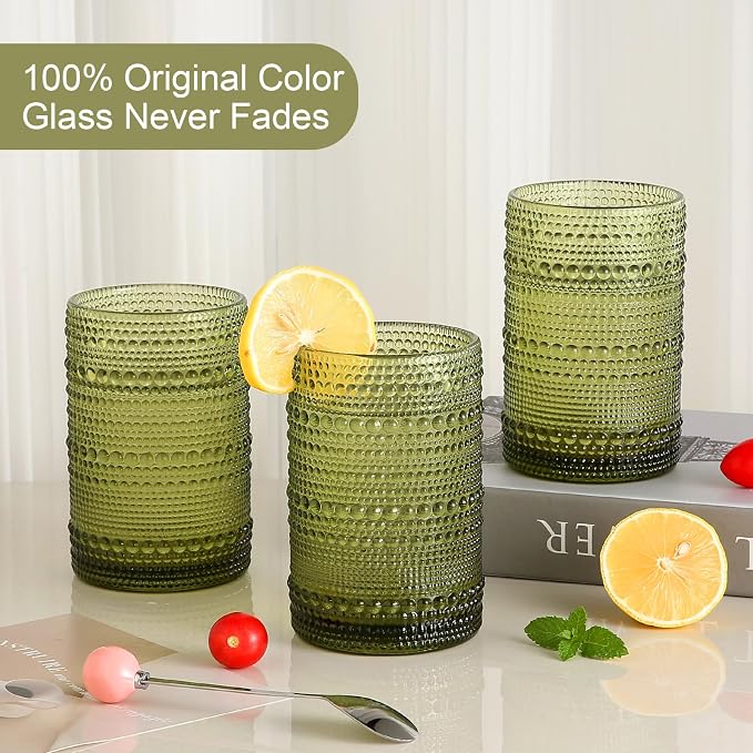 ZMOWIPDL Drinking Glasses Set of 6, 15 oz Green Hobnail Glass Cups | Vintage