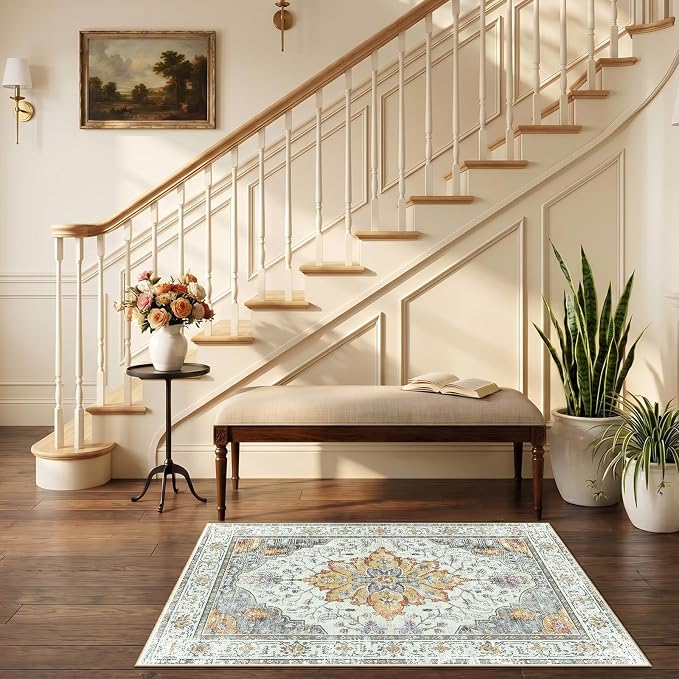 RELEANY Area Rugs Small 2'6"x4' Washable Non-Slip, Floral Vintage Distress