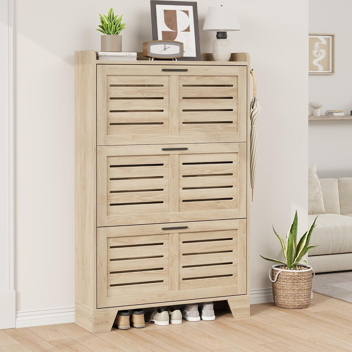 IDEALHOSUE Shoe Cabinet Storage for Entryway, Slim Shoe Storage Cabinet with 3 Flip Drawers, Freestanding Hidden Narrow Shoe Organizer Cabinet with Hooks for Entrance, Foyer, Hallway, Light Oak