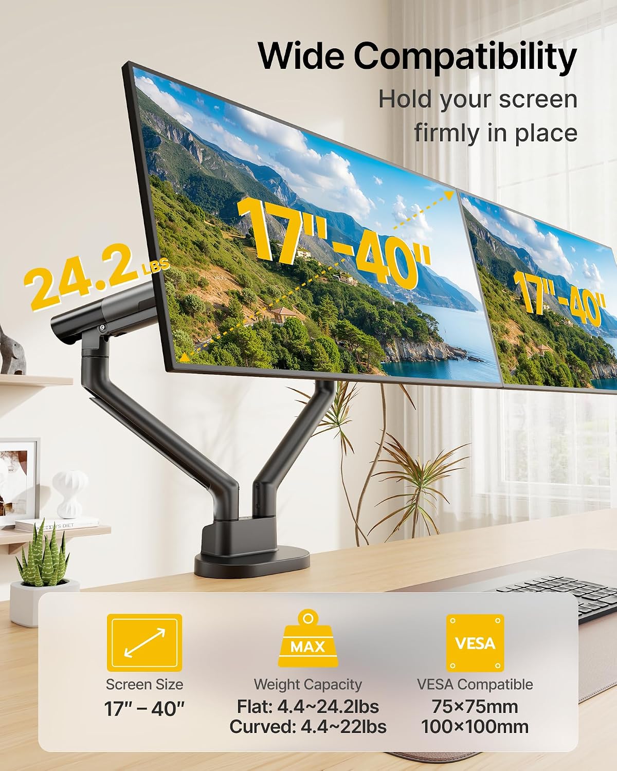 monTEK Aluminum Dual Monitor Arm for 17-40" Screens, 24.3 lbs Each, Black