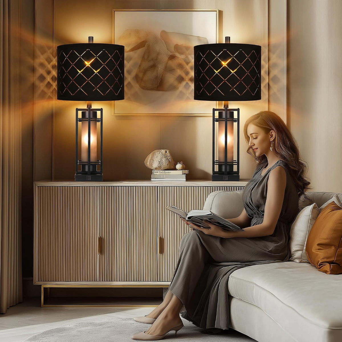 WIHTU 27'' Modern Table Lamp Set of 2 with Nightlight, Metal Bedside Lamps