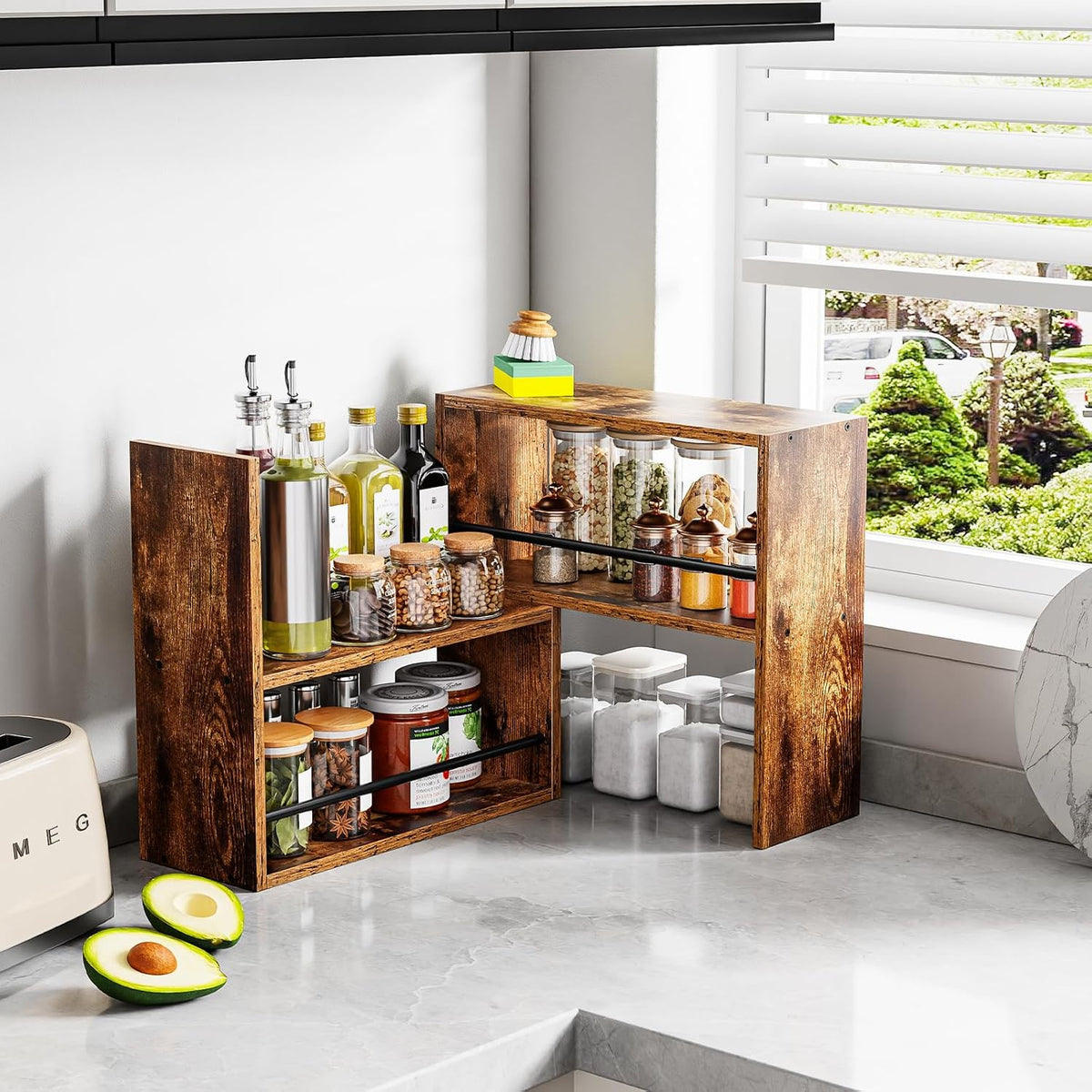 Expandable Cabinet Organizer Shelf, Set of 2 Kitchen Counter Shelves for Countertop Organization Spice Rack Kitchen Storage Stackable