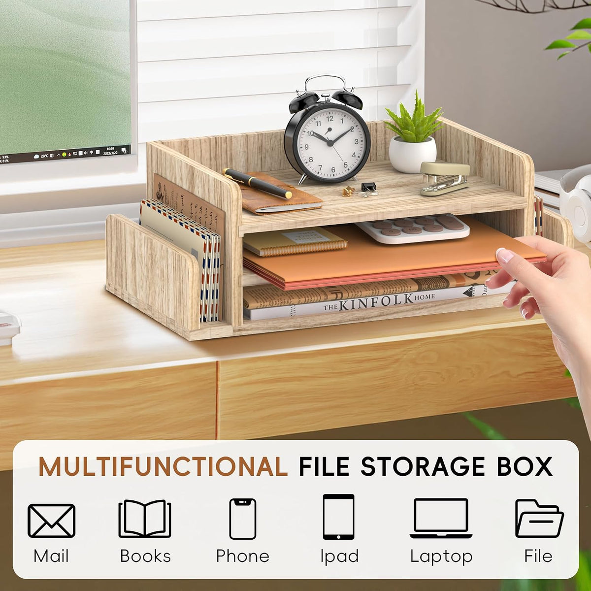 Wooden Desk Organizer, 3-Tier Paper Trays with 2 Mail Sorters, Natural Wood