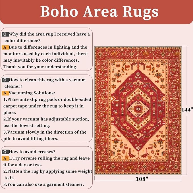 SERISSA 9x12 Area Rugs for Living Room, Large Washable Non-Slip Boho Rug