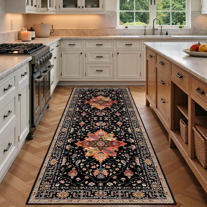 RELEANY Area Rugs Runner 3'x8' Washable Non-Slip, Floral Vintage Distress