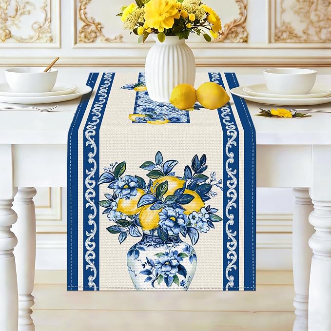 Summer Amalfi Coast Lemon Floral Table Runner Flowers Burlap Table Runners