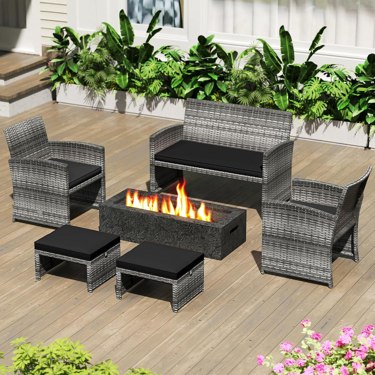 Tangkula 2 Pieces Patio PE Rattan Ottomans, Multipurpose Outdoor Footstool Footrest Additional Seating Side Table with Soft Zippered Cushions for Deck, Garden, and Yard (Black)