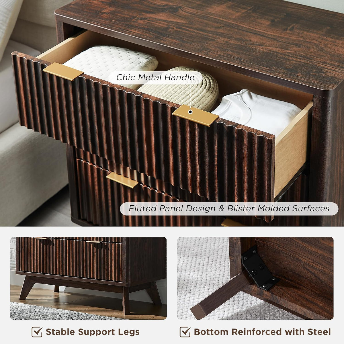 T4TREAM 32" Fluted 3 Drawer Dresser for Bedroom, Dark Walnut