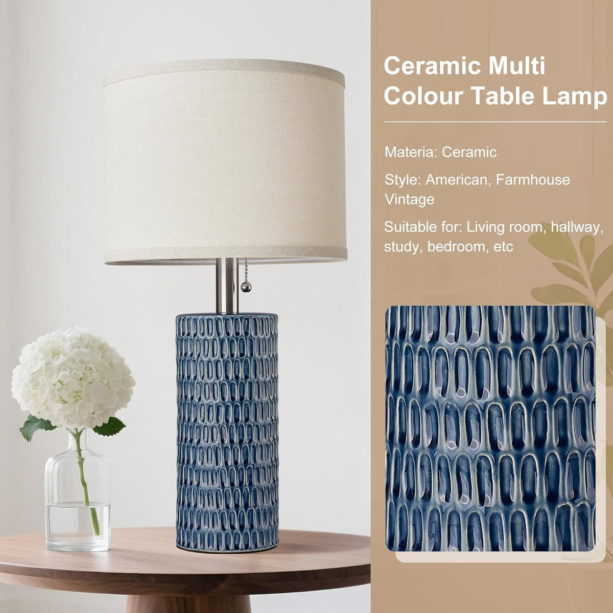 Reaketon 20.5”Modern Ceramic Table Lamps for Bedroom Set of 2, Dark Blue