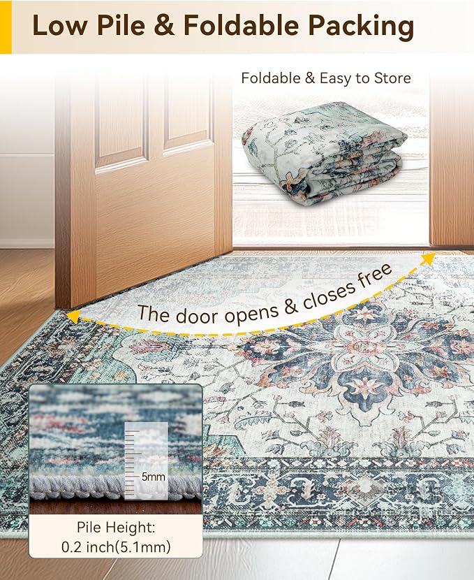 RELEANY Area Rugs Small 2'x4' Washable Non-Slip, Floral Vintage Distress
