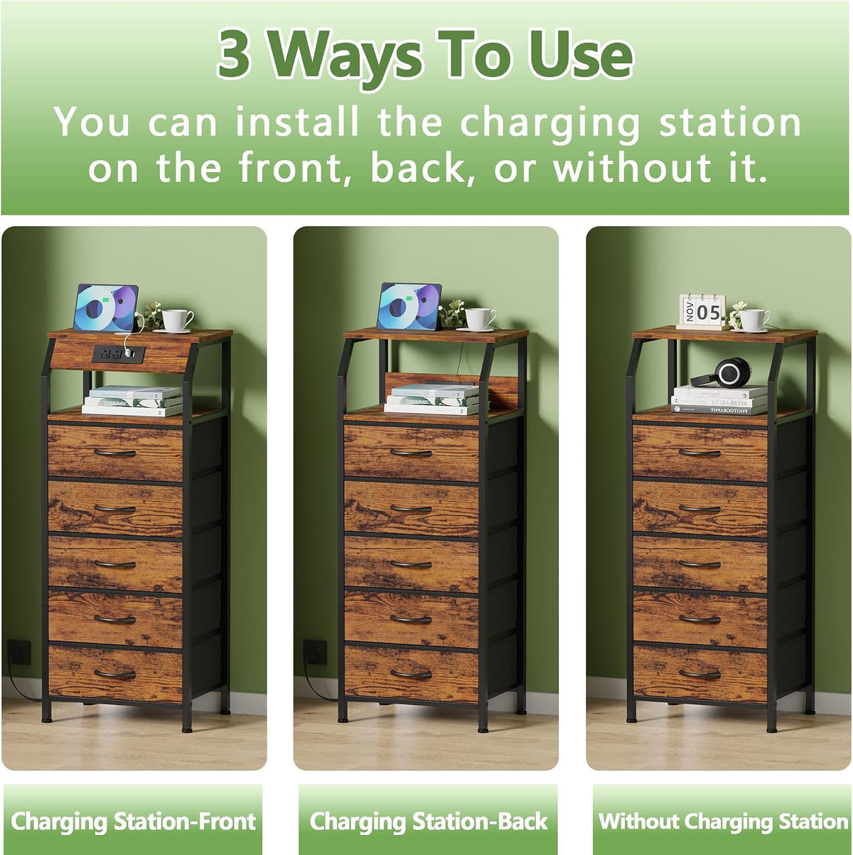 Furnulem 5 Drawers Dresser with Charging Station, Tall Nightstand, Brown