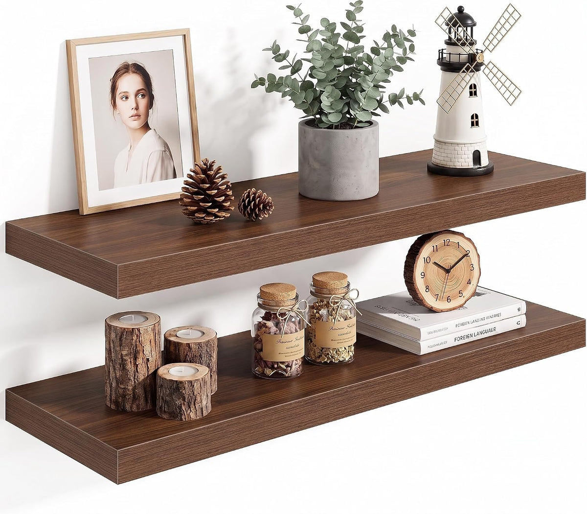 10 Inch Deep Floating Shelves for Wall, 30 Inch, Walnut, Set of 2