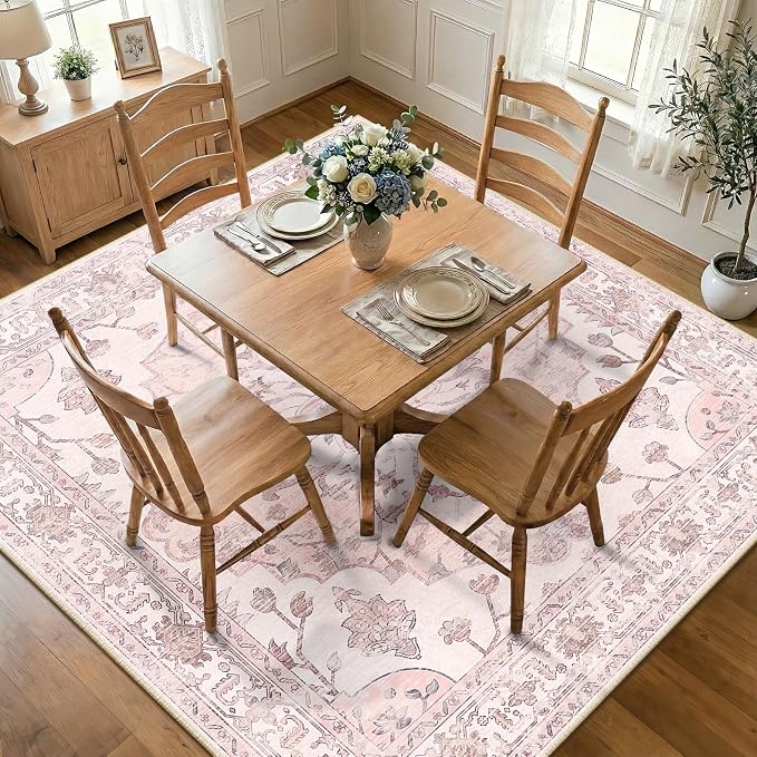 RELEANY Area Rugs Square 7ft Washable Non-Slip, Floral Vintage Distress