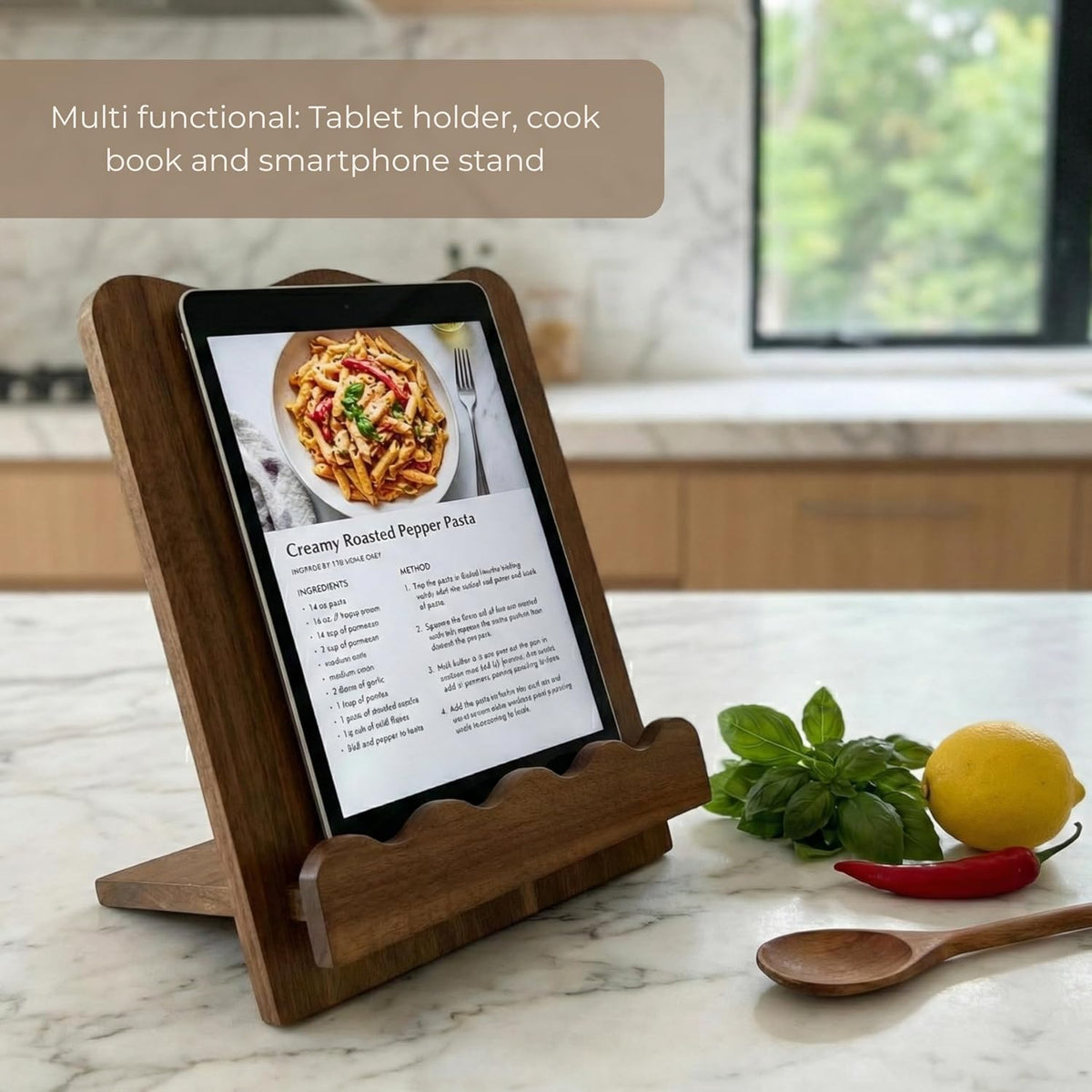 Wooden Cookbook Stand for Kitchen Counter, Scalloped Book Holder, Acacia