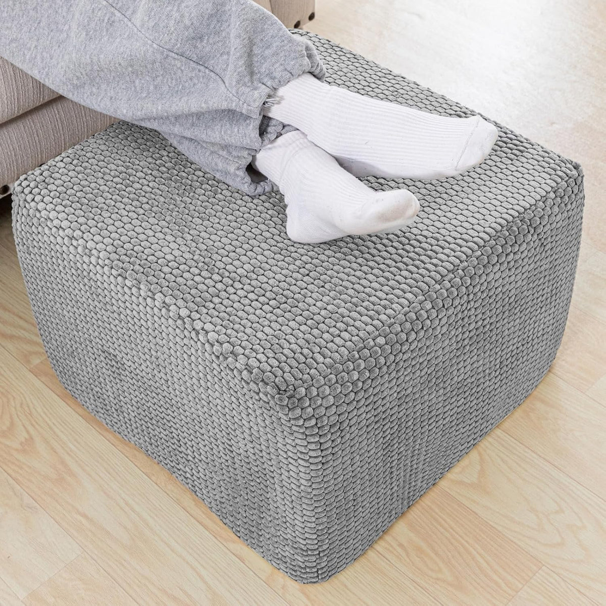 Functional Ottoman Pouf – Ergonomic Ottoman Foot Rest for Couch (Gray, 20x20x14 Inches, Square)