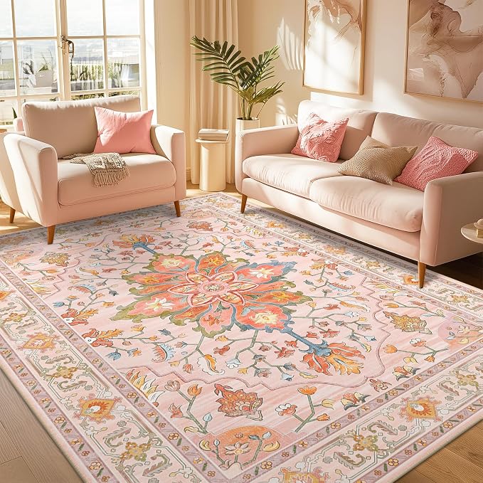 RELEANY Area Rugs 5'x7' Washable Non-Slip, Floral Vintage Distress Medallion