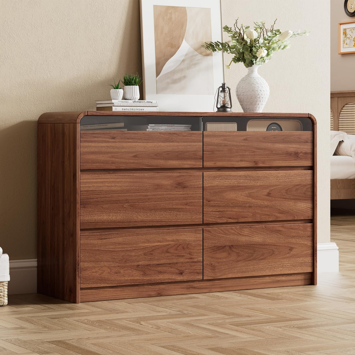Ieejdn 47.2" Dresser with 6 Drawer, Wide Dresser with Recessed Glass Display & Silent Metal Rails, Handleless Chest of Drawers for Clothes, and Bedding, Russet