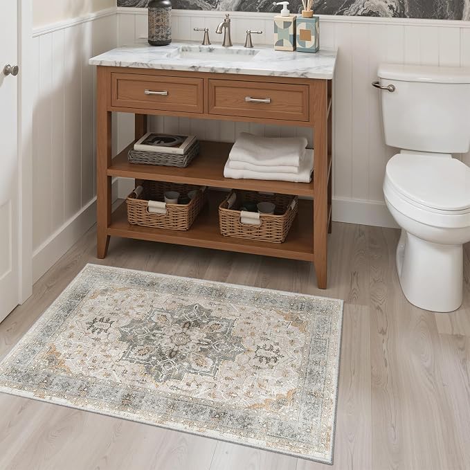 Madane Washable Area Rug 2x3, Small Entryway Rug Non-Slip Vintage Door Mat