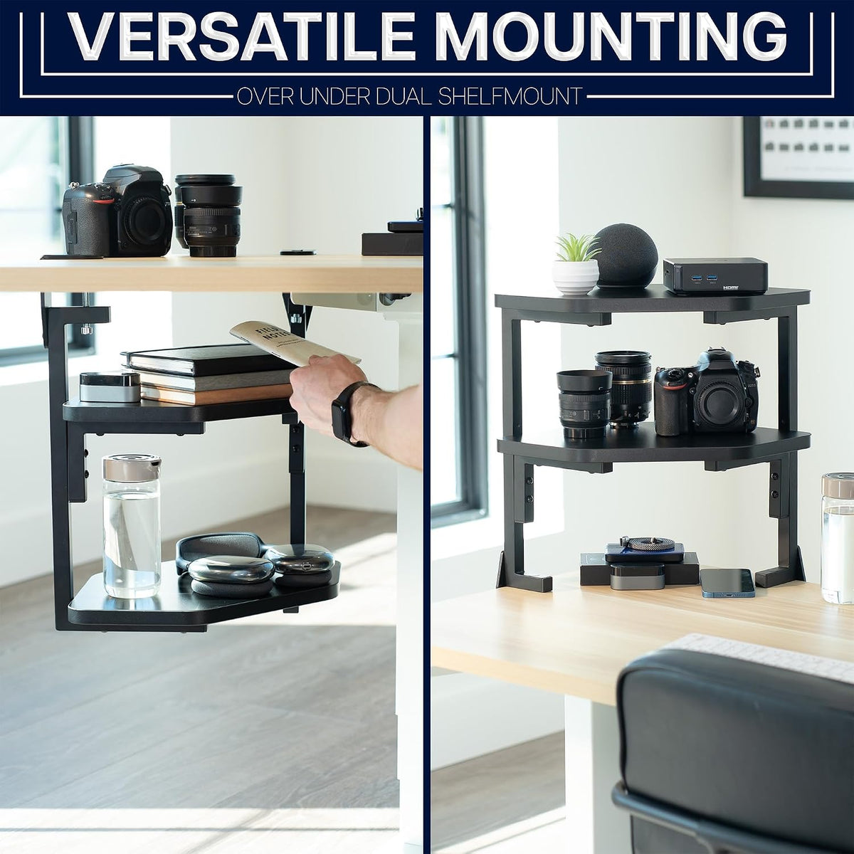 VIVO Black Corner Clamp-on 17 in 2-Tier Desk Shelf, STAND-SHELF2CR