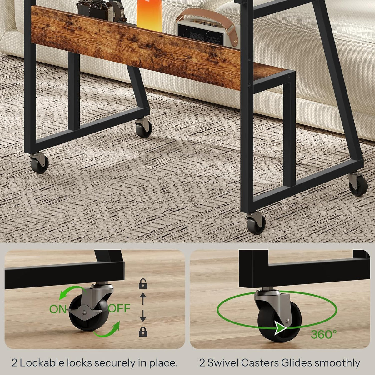CHOEZON Rolling Computer Desk with Charging Station, 31.5 Inch Mobile Desk with Adjustable Monitor Stand & Storage Shelf, Laptop Table for Home Office, Small Space, Rustic Brown and Black TDN03UBF