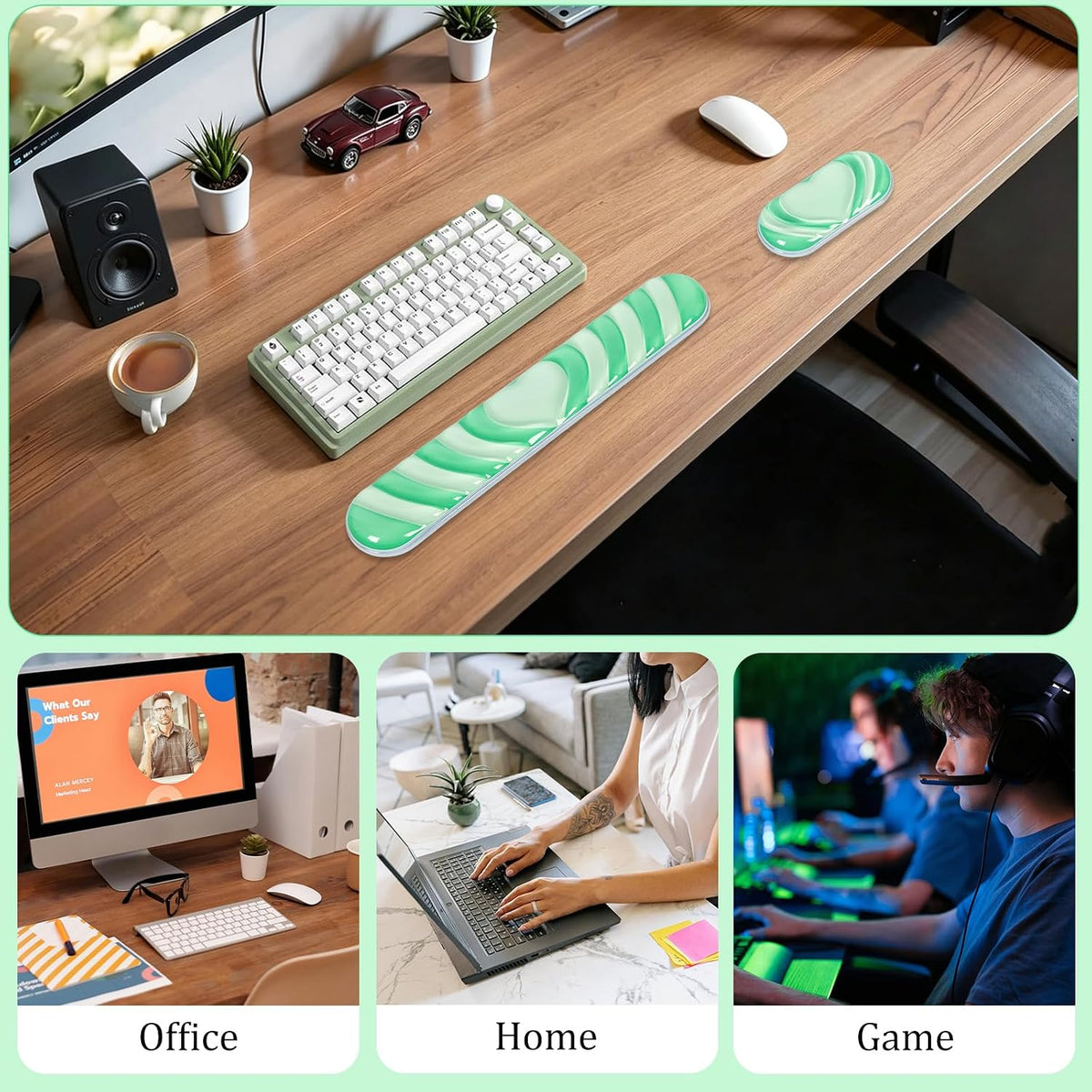 L-SPOUTTO Green Cute Ergonomic Gel Wrist Rest for Mouse and Keyboard