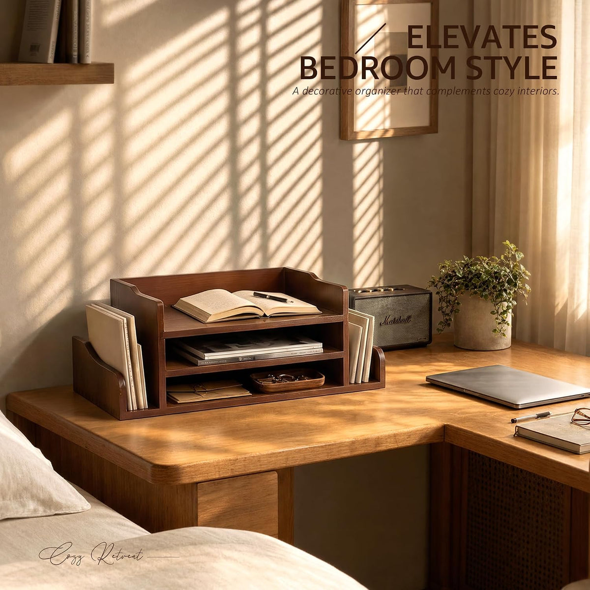 Wood Desk Organizer: File Organizer with 3-Tier Shelf and Side Slots, Brown