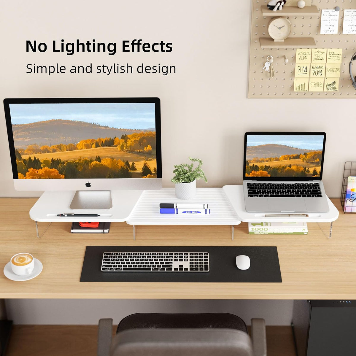 AFOOYO LED Dual Monitor Stand Riser for 2 Monitors,Office Desktop Wooden Stand Adjustable Length and Angle 3 Shelf (White)