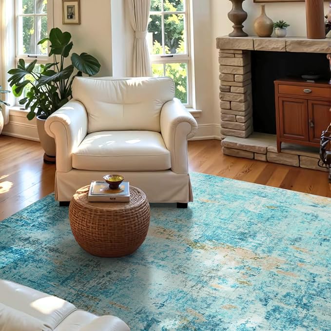 Entryway Rug 3x5 Teal Blue Bedroom Area Rug Washable Non Slip Abstract Boho Rugs