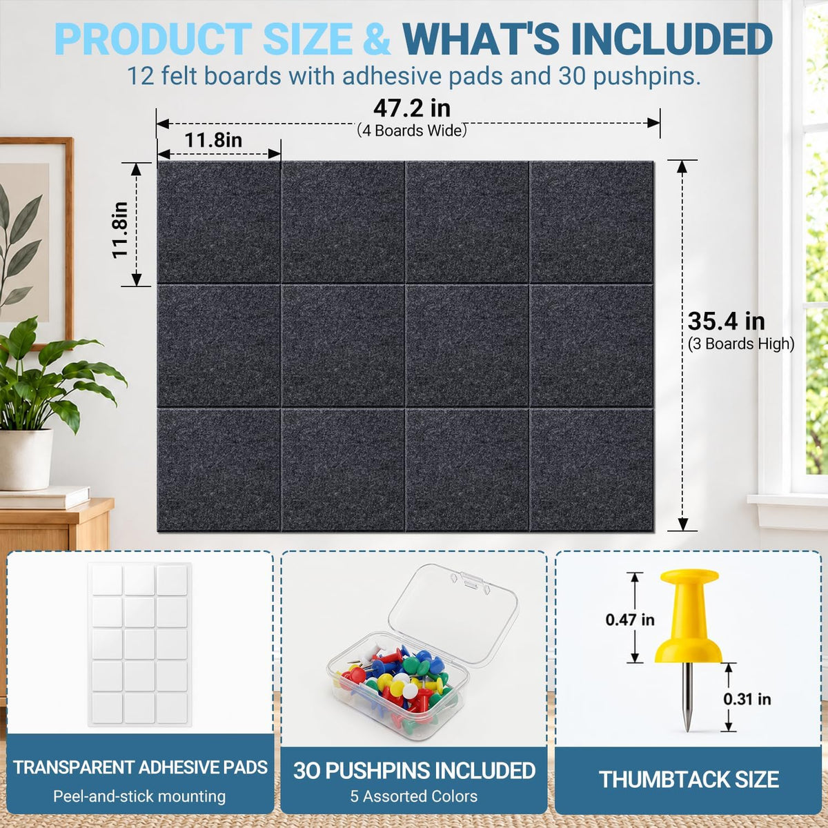 Hiksuky EcoCork Pro 48"x36" Modular Felt Wall Panels - 12 Pack Recycled Felt Tiles with Damage-Free Adhesive, Customizable Cork Board Alternative for Office & Home Decor Gray