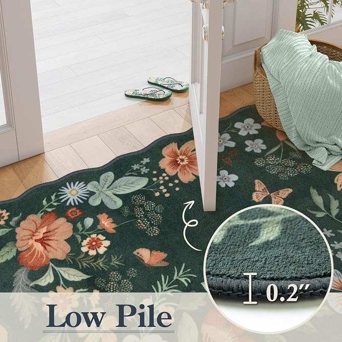 Lahome Floral Washable Rug- 4x6ft Green Bedroom Girls Ultra-Thin Soft Living