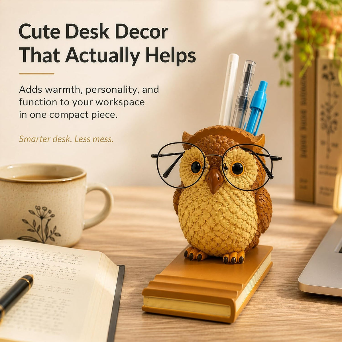 Owly Mate Owl Eyeglass Holder for Nightstand and Desk, Cute Glasses Holder with Phone Stand and Pen Holder, 3-in-1 Desk Organizer for Glasses, Phone & Pens - Gift for Owl Lovers