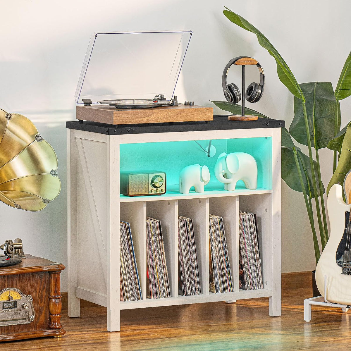 Joaxswe Large Record Player Stand with Charging Station & LED Lights, Vinyl Records Storage Holder Cabinet Holds up to 230 Albums, Turntable Stand for Music Room, Bedroom, Living Room, Office (White)