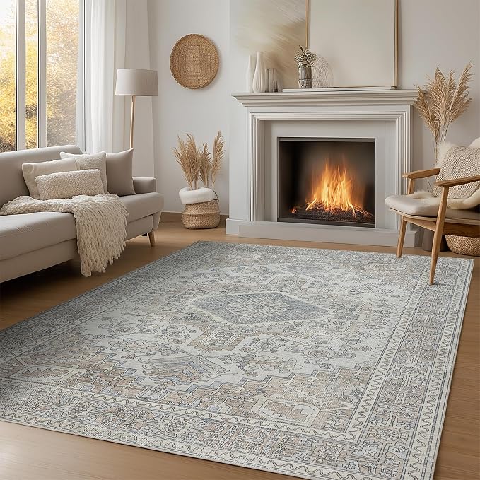 Machine Washable Area Rugs 9x12 Living Room Retro Rugs- Ultra Soft Low Pile