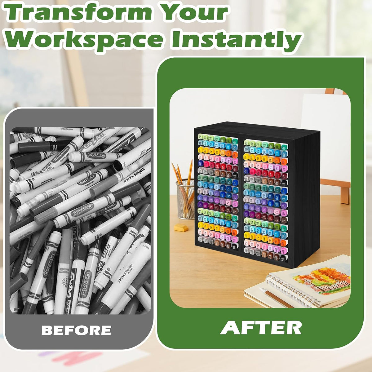 PROLEE Marker Organizer for 224 Markers, Wooden Alcohol Marker Holder with 32 Compartments, Horizontal Art Pen and Pencil Storage Rack for Desk, Classroom and Studio, Black