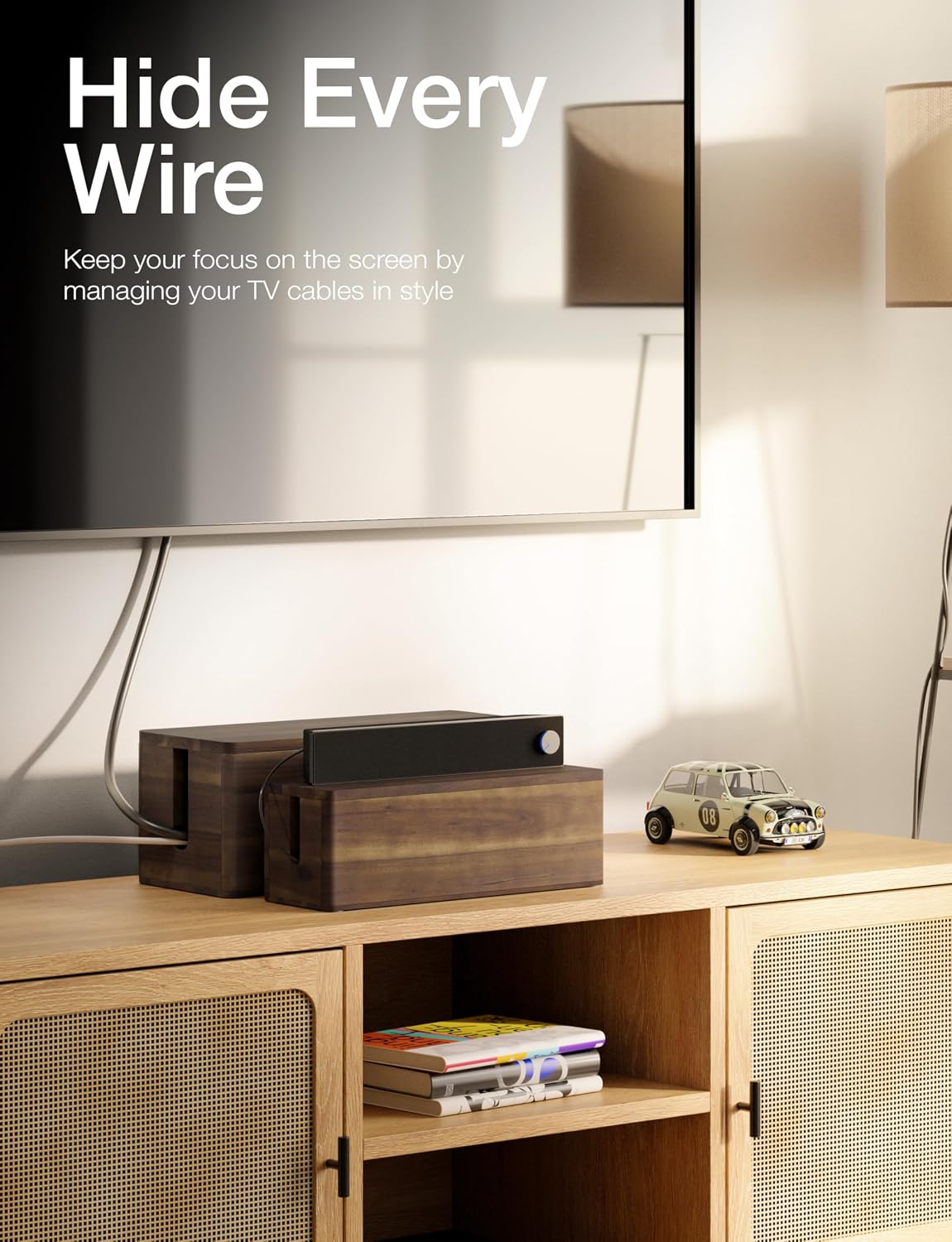 TIDITA Set 2 Wooden Large Cable Management Box Round Edge (Walnut Color)