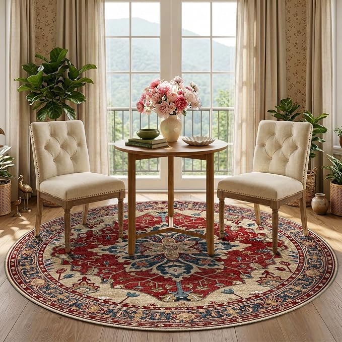 RELEANY Area Rugs Round 5ft Washable Non-Slip, Floral Vintage Distress