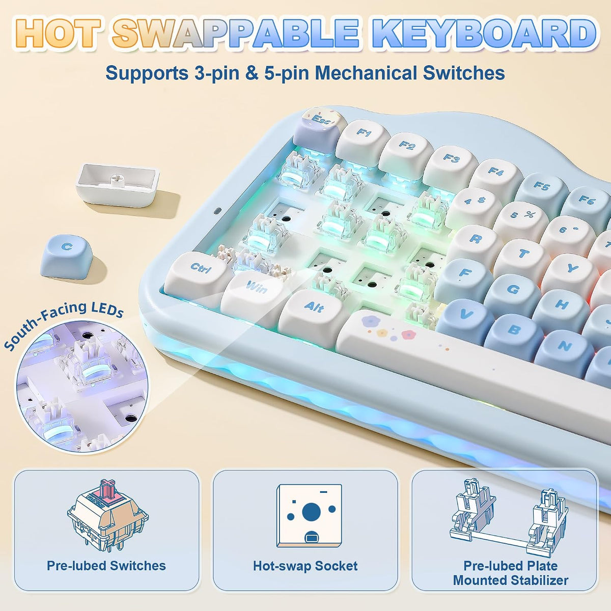 YUNZII C75 Cute 75% Wireless Mechanical Keyboard (Blue, Milk V2 Switch)