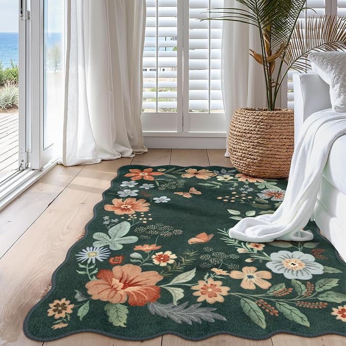 Lahome Floral Washable Rug- 4x6ft Green Bedroom Girls Ultra-Thin Soft Living