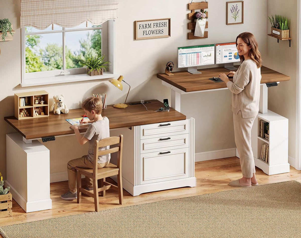SEDETA 98.4'' Standing Two Person Desk with 3 Drawers, Storage Cabinet