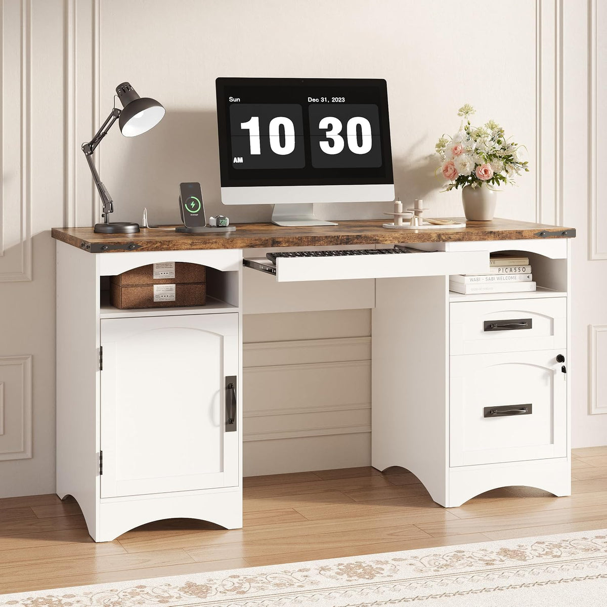 Decofy 55'' Farmhouse Executive Desk with Drawers & Charging Station, White