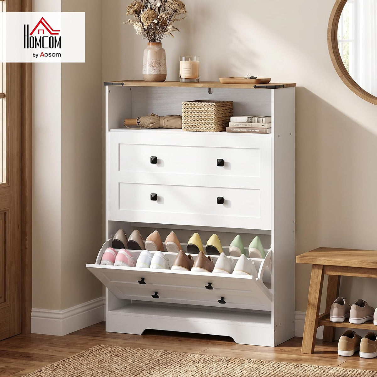HOMCOM Shoe Cabinet with 2 Flip Drawers, Narrow, Adjustable Shelves, White