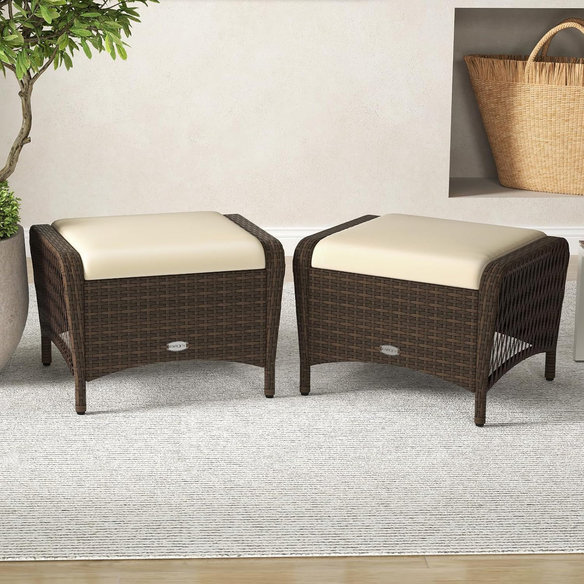 RELAX4LIFE 2-Piece Wicker Outdoor Ottoman - Rattan Footstools w/Removable Cushions, Multipurpose Foot Rest, Additional Seating & Side Table for Garden Porch Balcony, Set of 2 Patio Ottoman (Beige)