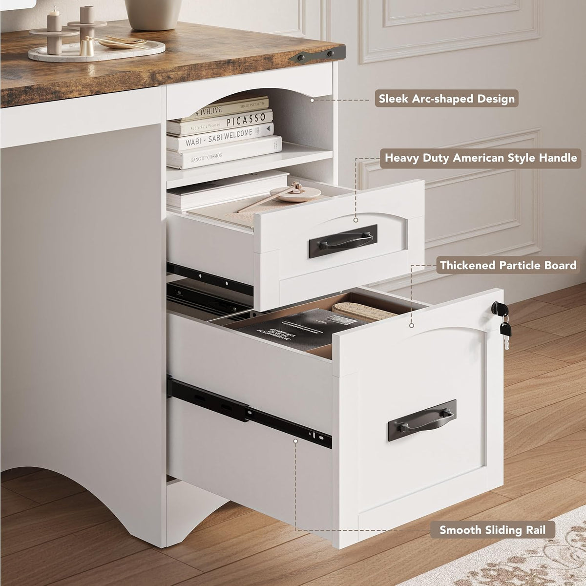 Decofy 55'' Farmhouse Executive Desk with Drawers & Charging Station, White