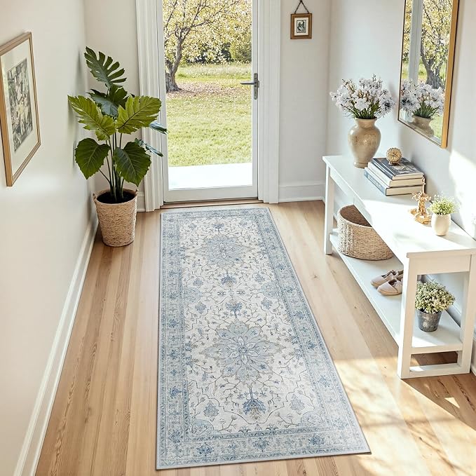 RELEANY Area Rugs Runner 3'x8' Washable Non-Slip, Floral Vintage Distress