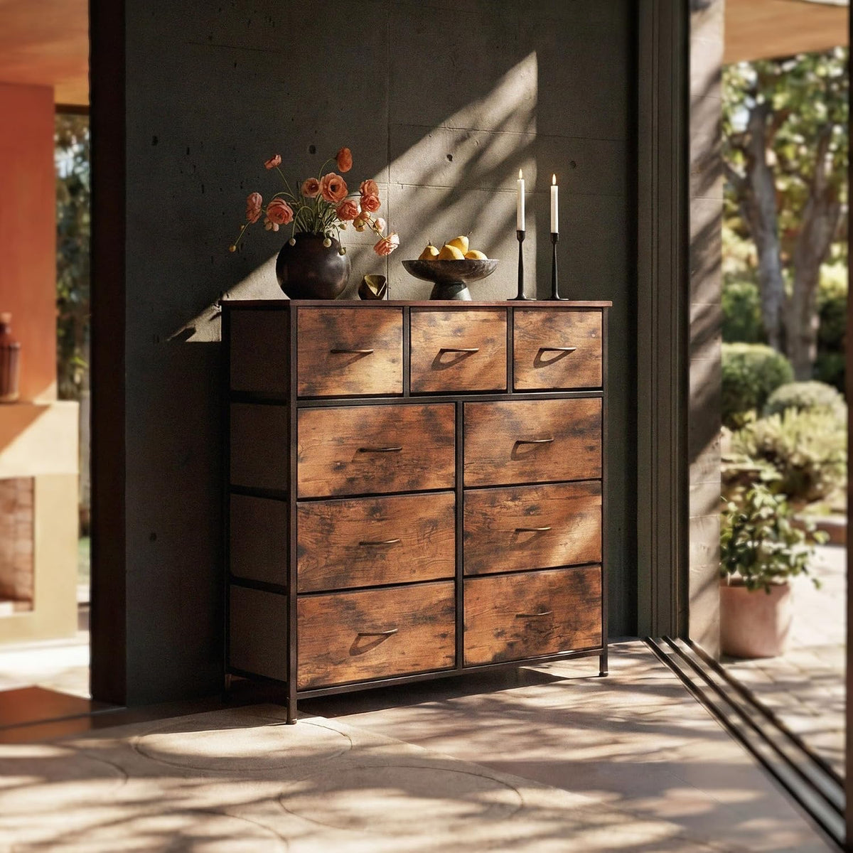 WLIVE Tall Dresser for Bedroom, 9 Drawer Chest of Drawers, Rustic Brown