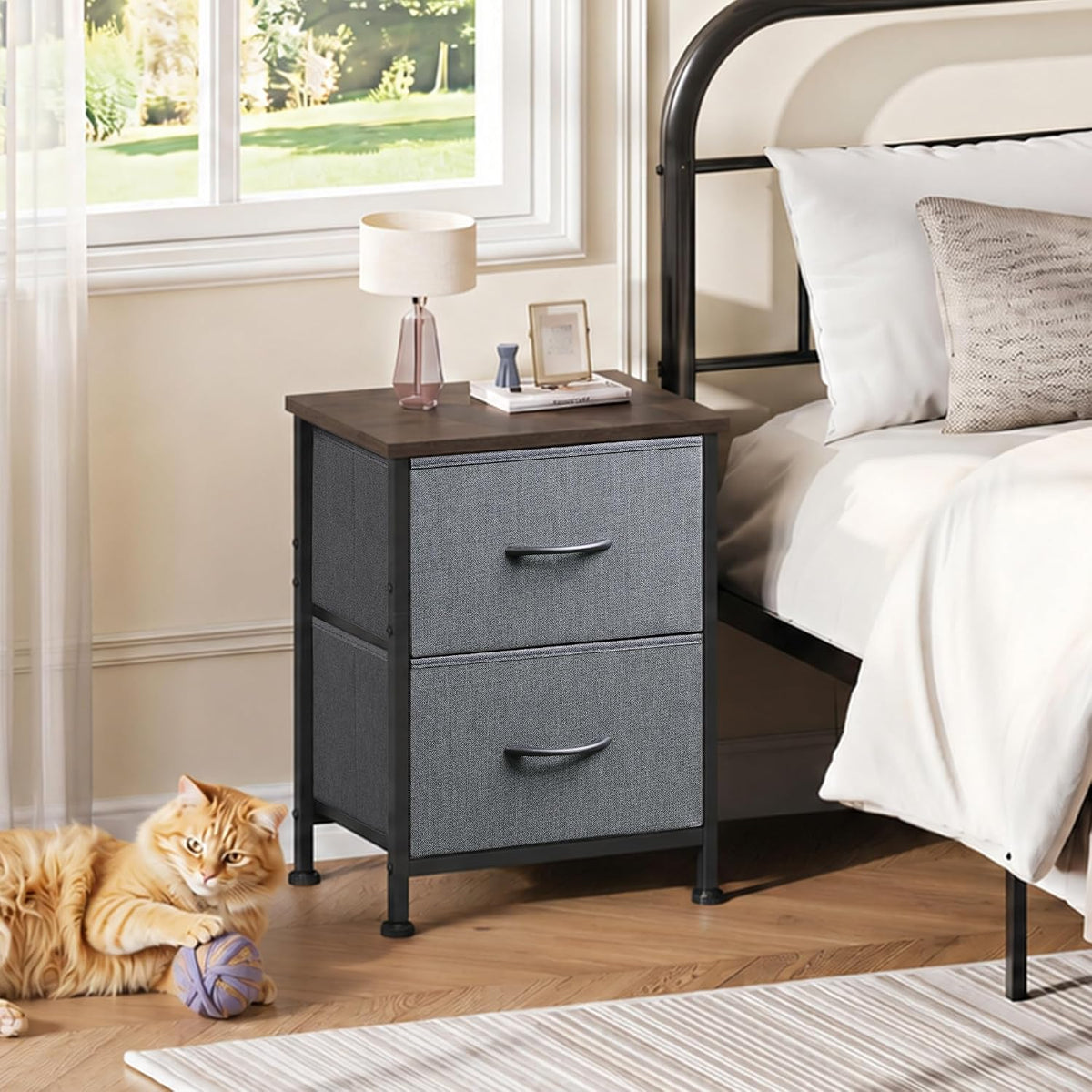 WLIVE Nightstand, 2 Drawer Dresser for Bedroom, Small Dresser with 2 Drawers, Bedside Furniture, Night Stand, End Table with Fabric Bins for Bedroom, Closet, Entryway, College Dorm, Dark Grey